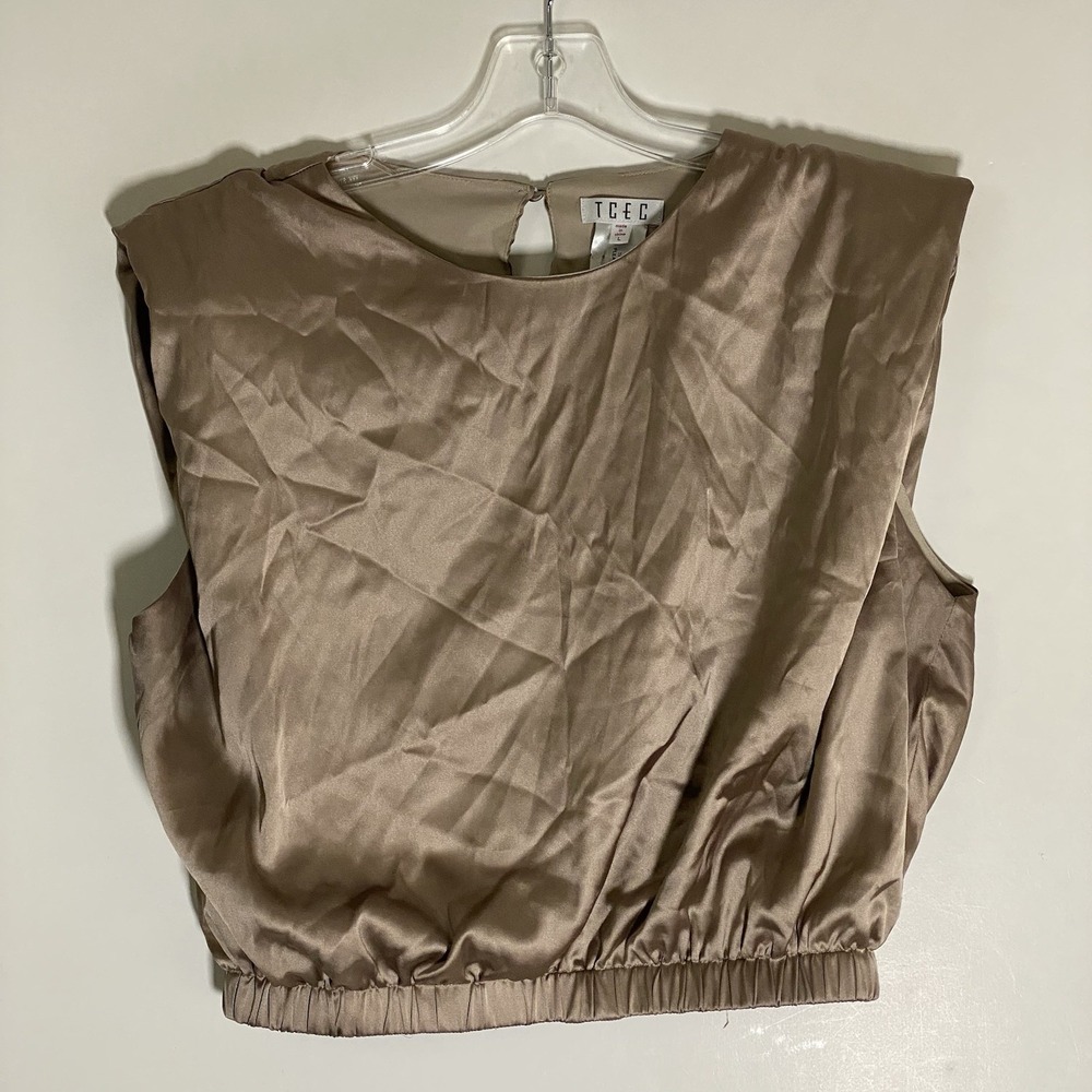TCEC Tank Top Womens Large Gold Satin Cropped Blouse Sleeveless Shoulder Pads L